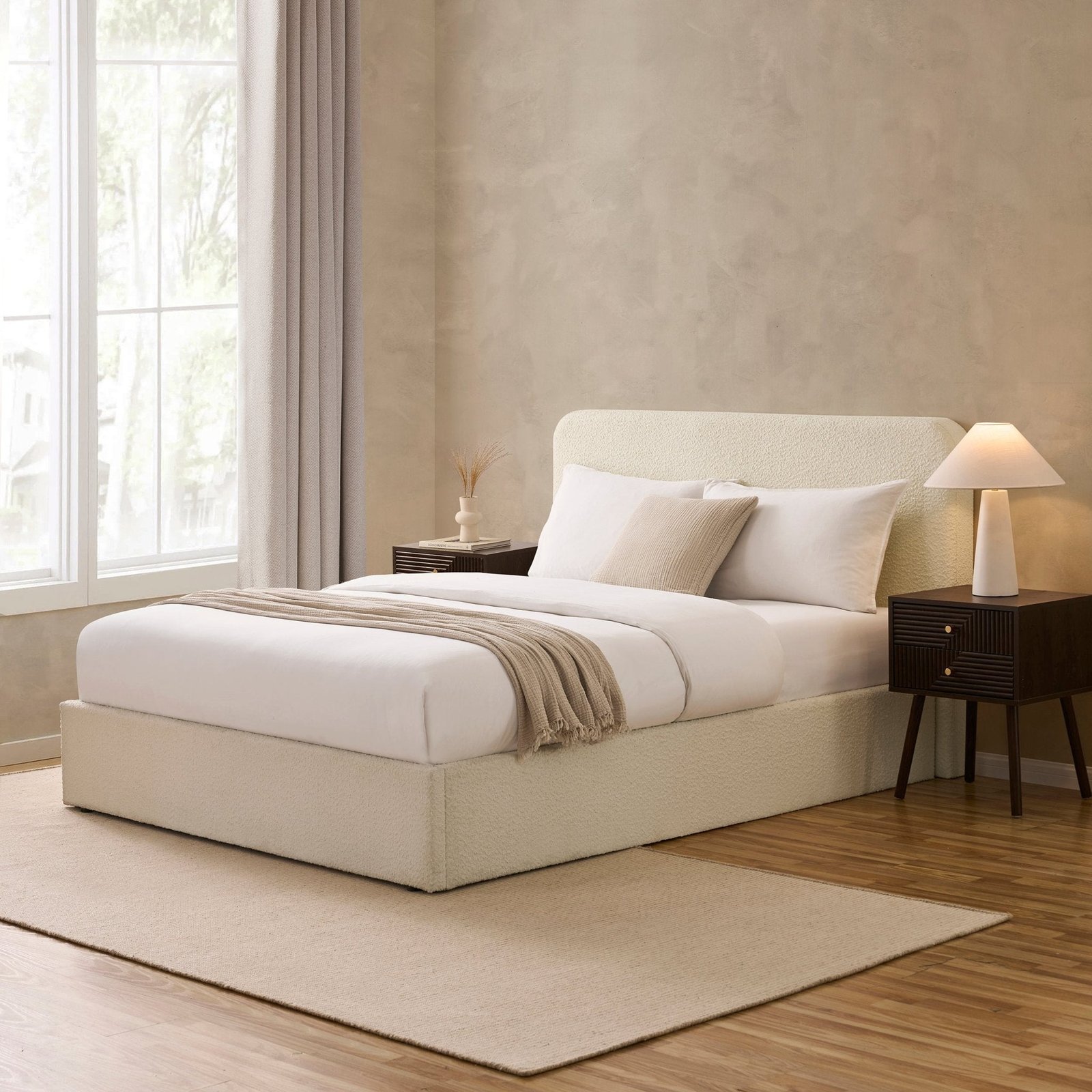 Ascot Bouclé Ottoman Storage Bed - Off White - Green Lane