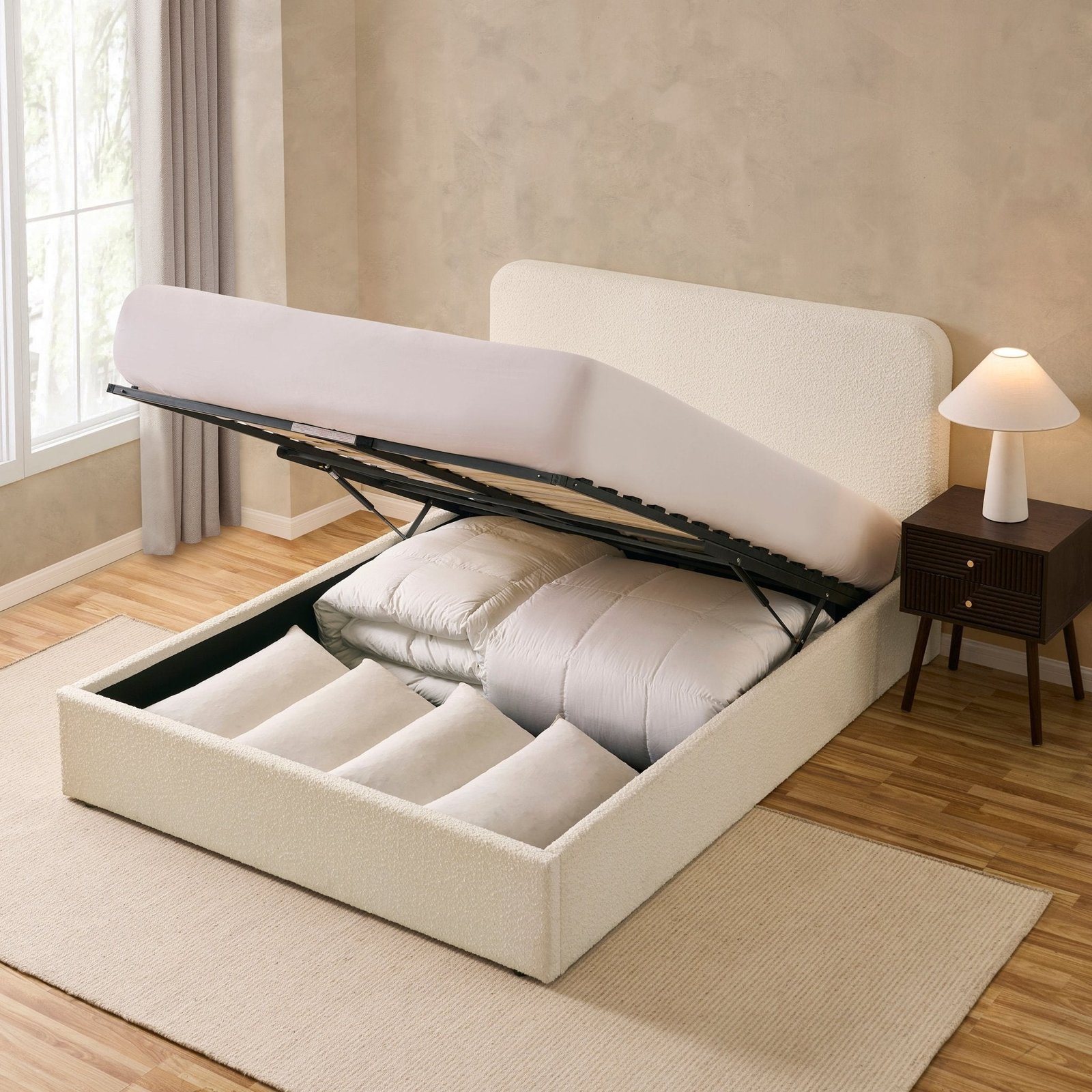 Ascot Bouclé Ottoman Storage Bed - Off White - Green Lane