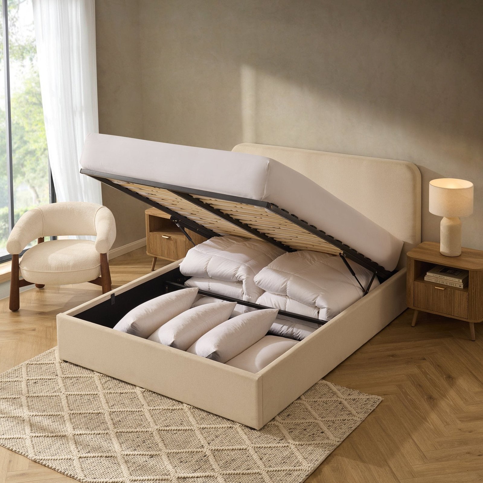 Ascot Ottoman Storage Bed - Cream Linen - Green Lane