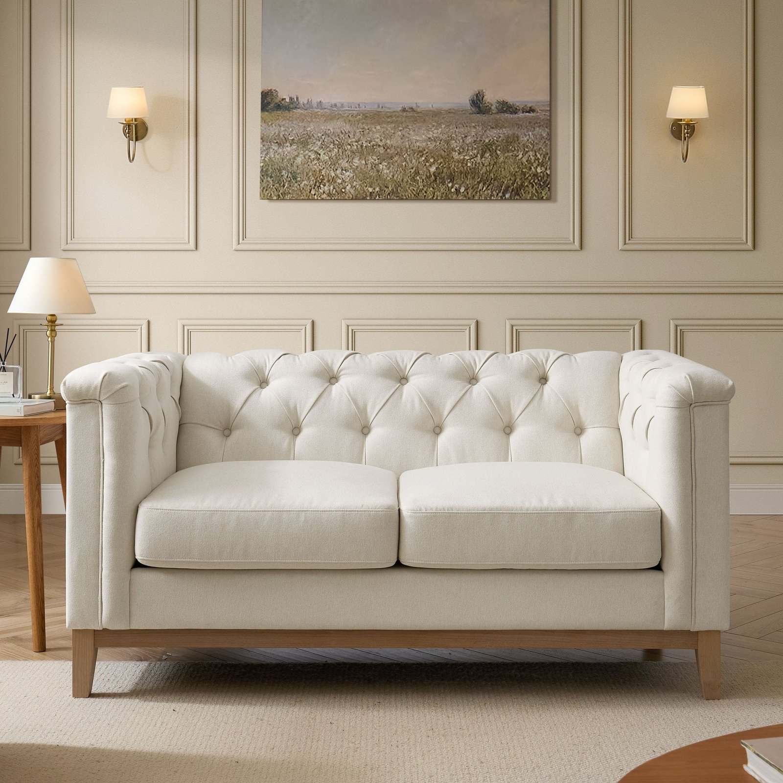Chesterfield 2 Seater Sofa - Cream Linen