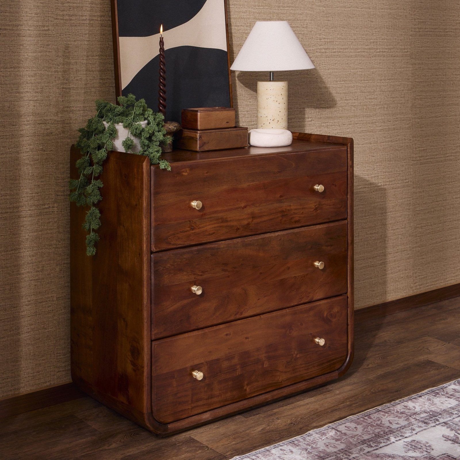 Cleo Acacia Wood 3 Drawer Chest - Walnut - Green Lane