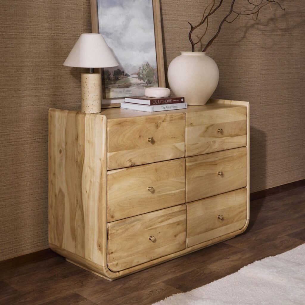 Cleo Acacia Wood 6 Drawer Chest - Light Wood - Green Lane