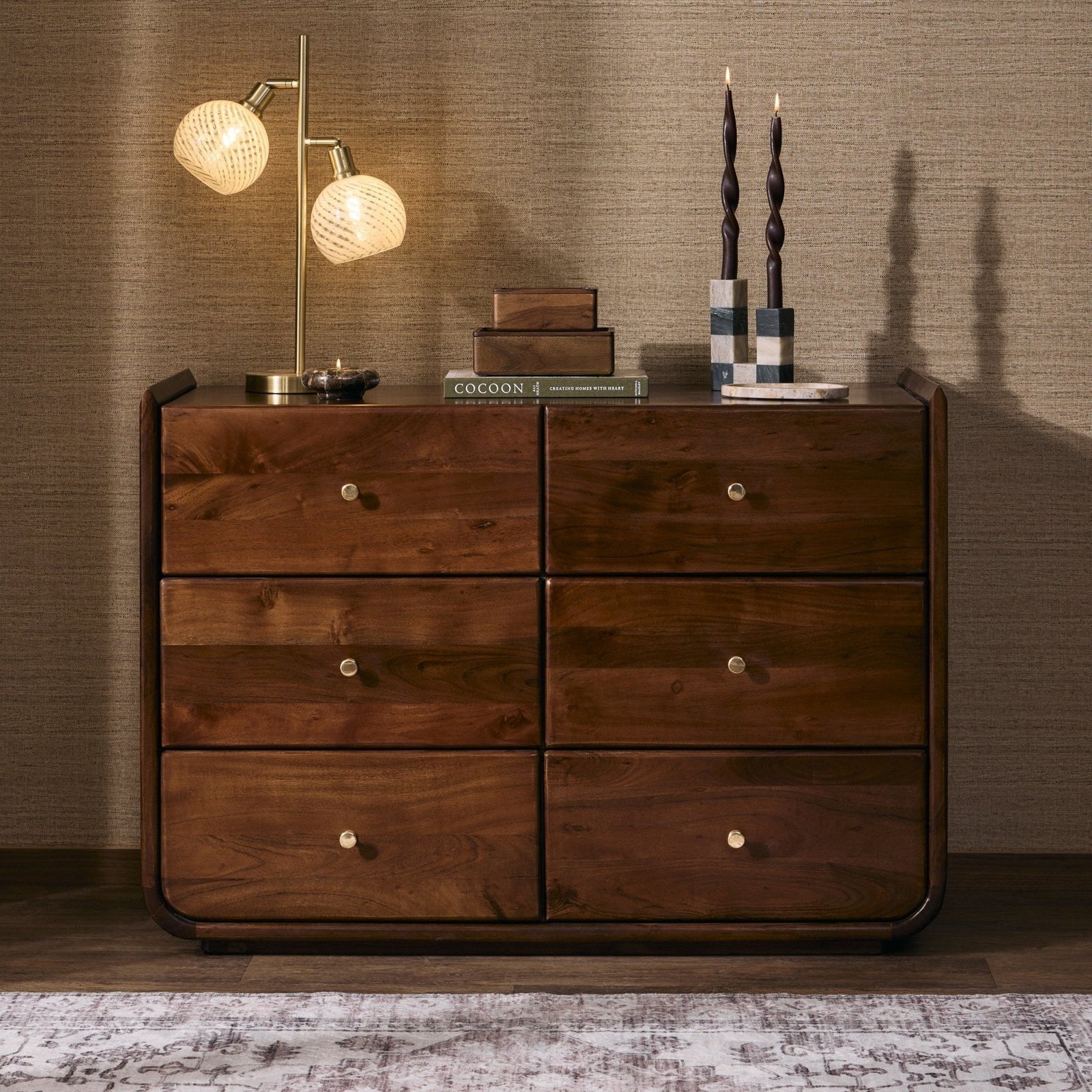 Cleo Acacia Wood 6 Drawer Chest - Walnut - Green Lane