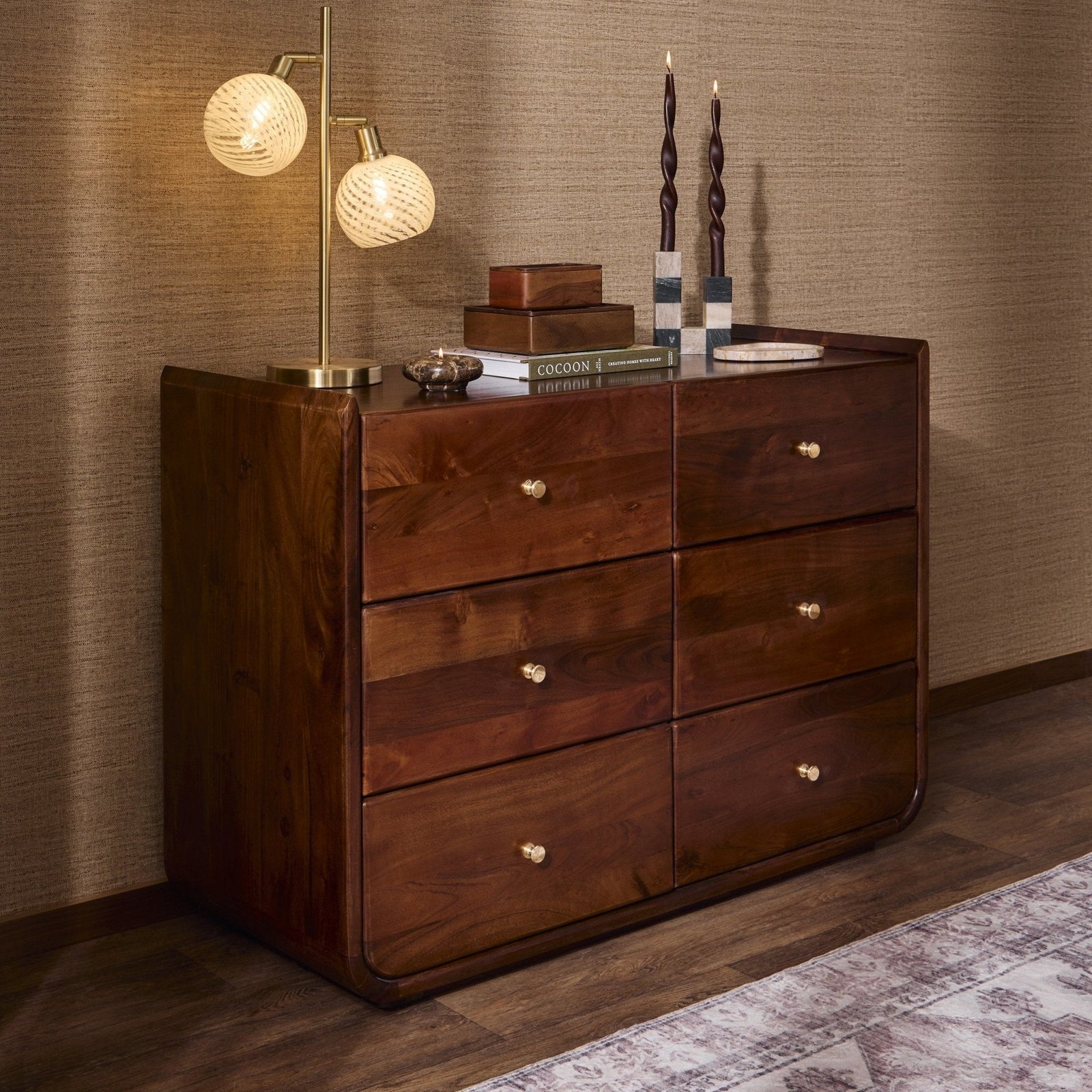 Cleo Acacia Wood 6 Drawer Chest - Walnut - Green Lane