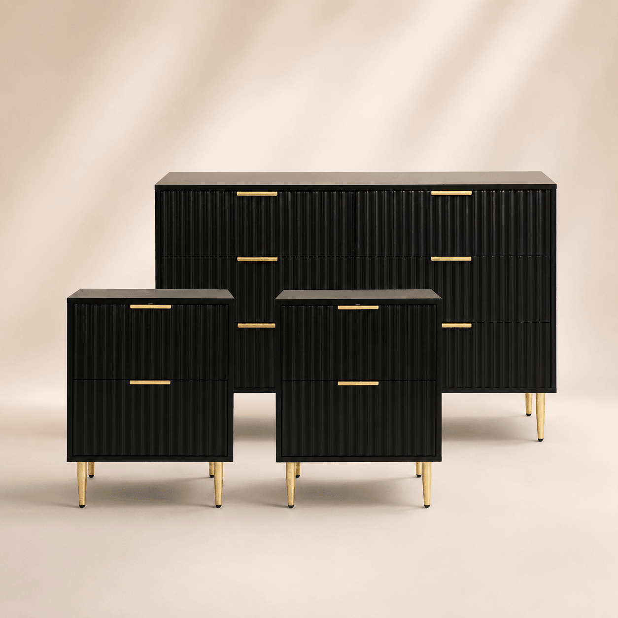 Evie 3 Piece Bundle - 2 Bedside Tables and Large Chest - Black - Green Lane
