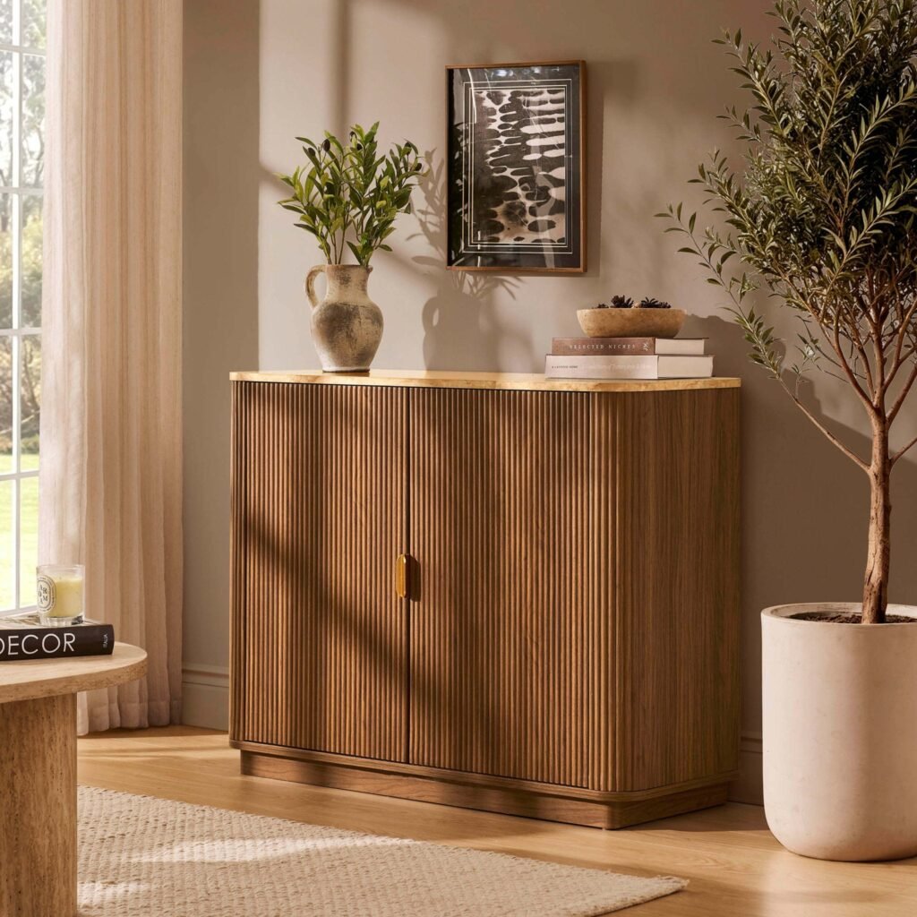 Hettie 2 Door Sideboard - Mid Wood/ Marble Effect Top - Green Lane