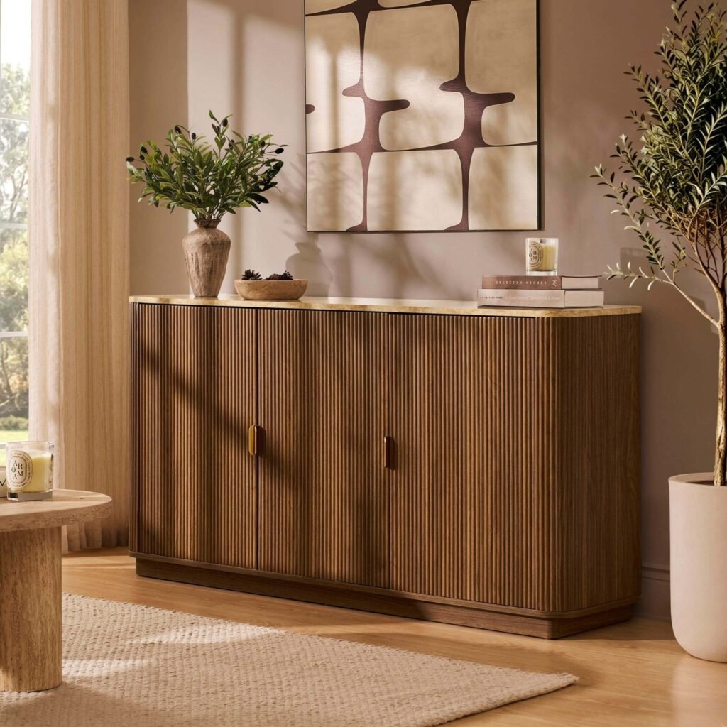 Hettie 3 Door Sideboard - Mid Wood/ Marble Effect Top - Green Lane