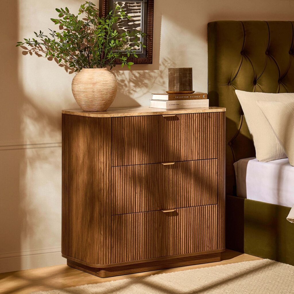 Hettie 3 Drawer Chest - Mid Wood/ Marble Effect Top - Green Lane