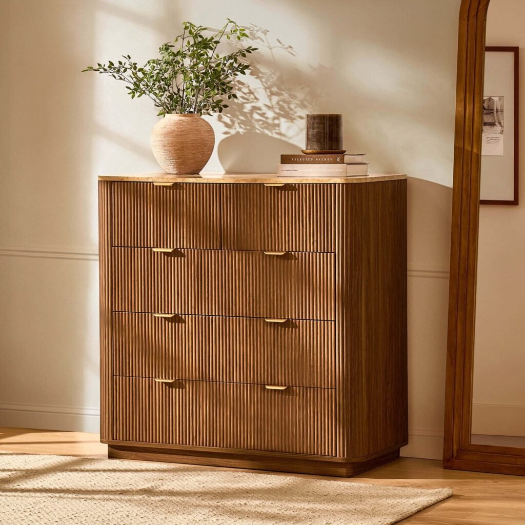 Hettie 5 Drawer Chest - Mid Wood/ Marble Effect Top - Green Lane