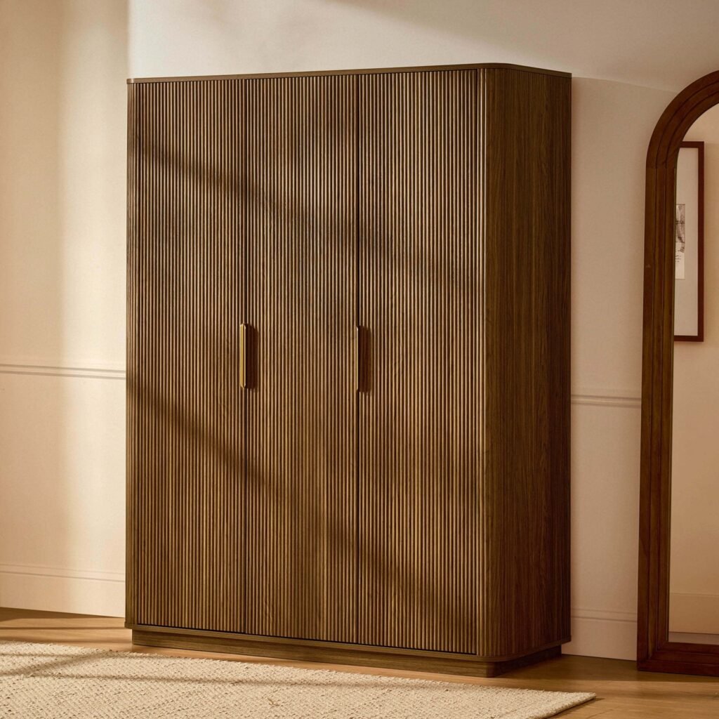 Hettie Ribbed 3 Door Wardrobe - Mid Wood - Green Lane