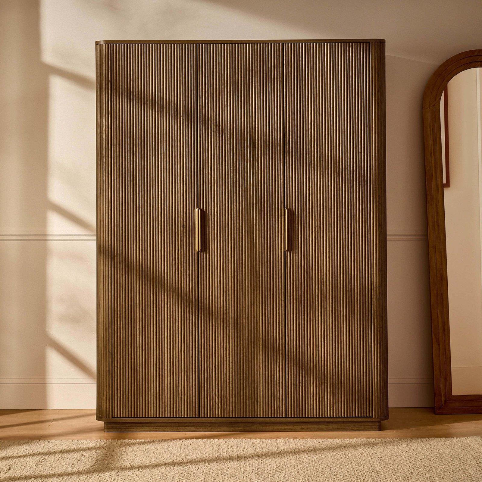 Hettie Ribbed 3 Door Wardrobe - Mid Wood - Green Lane