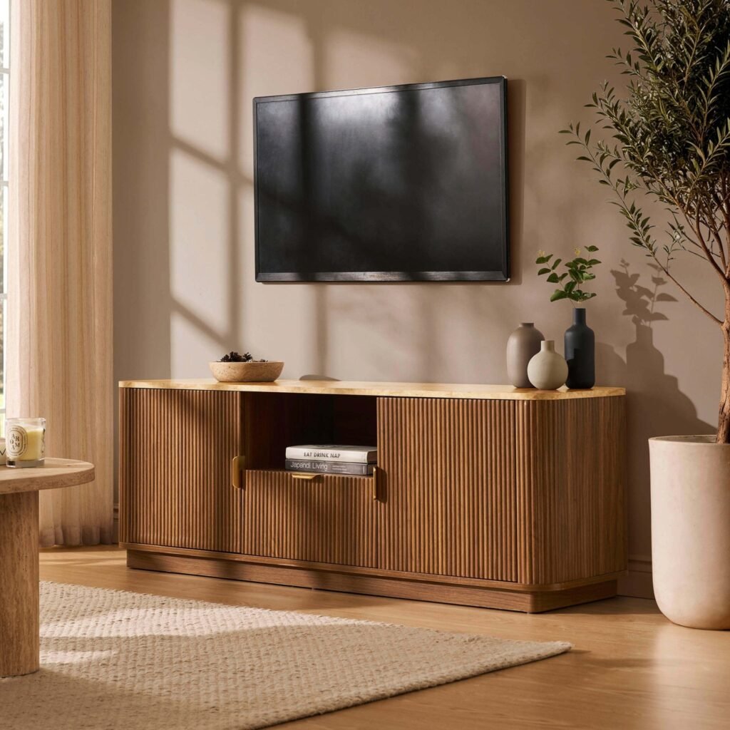 Hettie Tv Unit 2 Door Sideboard - Mid Wood/ Marble Effect Top - Green Lane