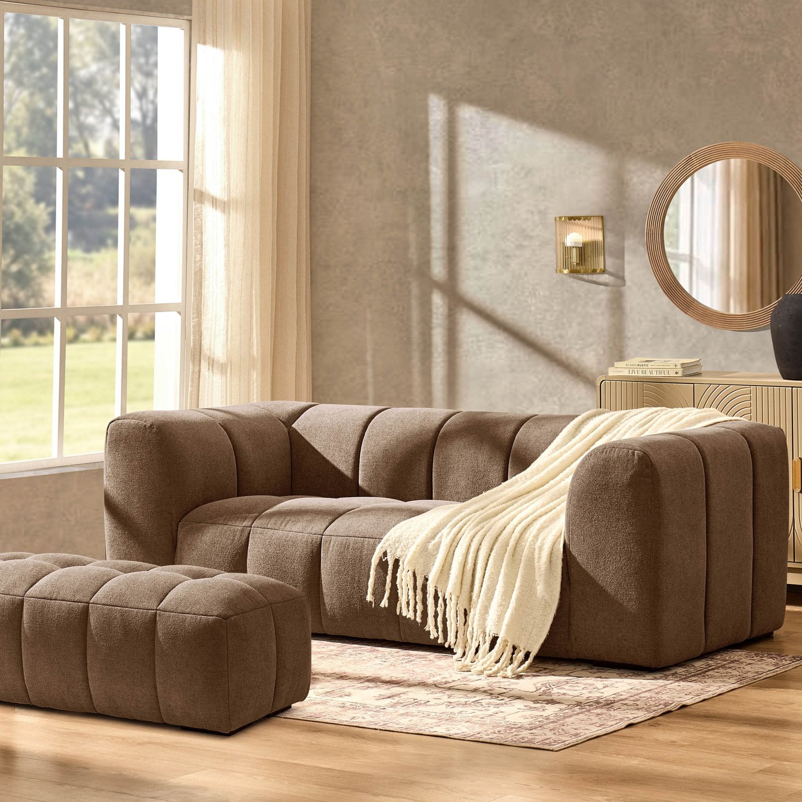 Manhattan 3 Seater Sofa - Chenille Mushroom - Green Lane