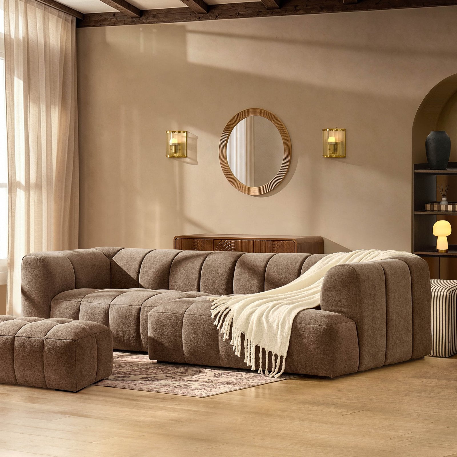 Manhattan Right Hand Chaise Sofa - Chenille Mushroom - Green Lane