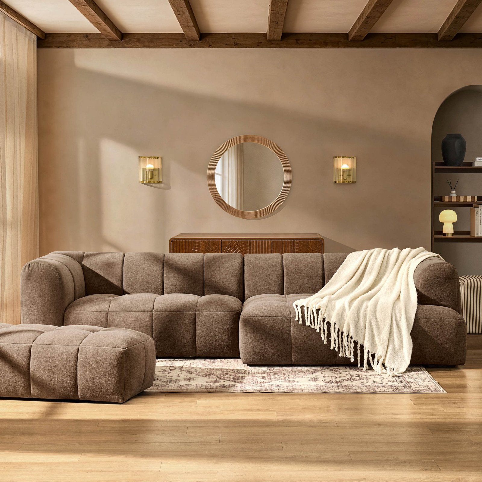 Manhattan Right Hand Chaise Sofa - Chenille Mushroom - Green Lane