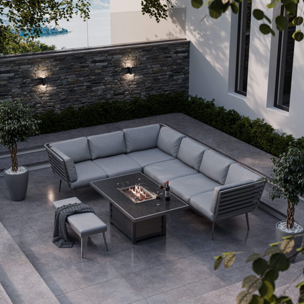 Mayfair Outdoor 8 Seater Corner Lounge Set with Fire Pit and Bench - Grey - Green Lane