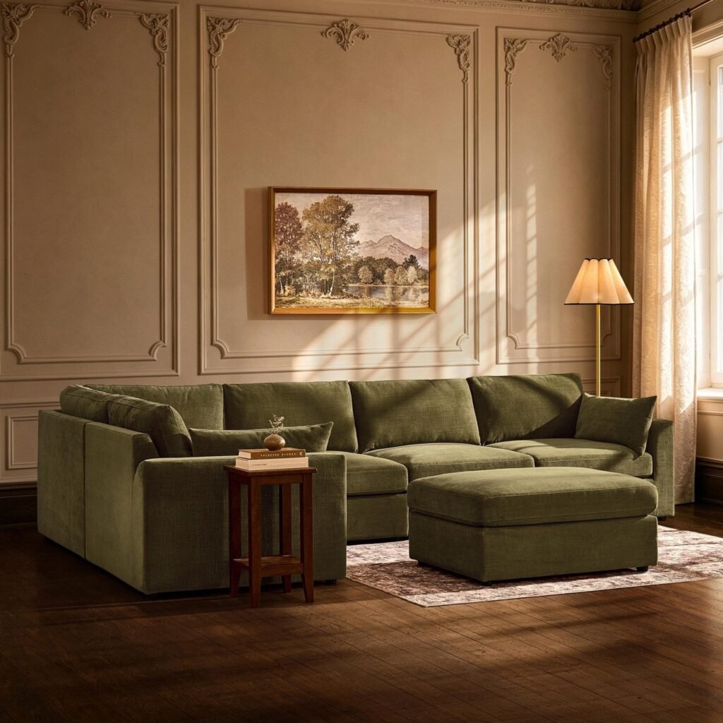 Miami Left Hand Large L-Shape Sofa - Chenille Olive - Green Lane