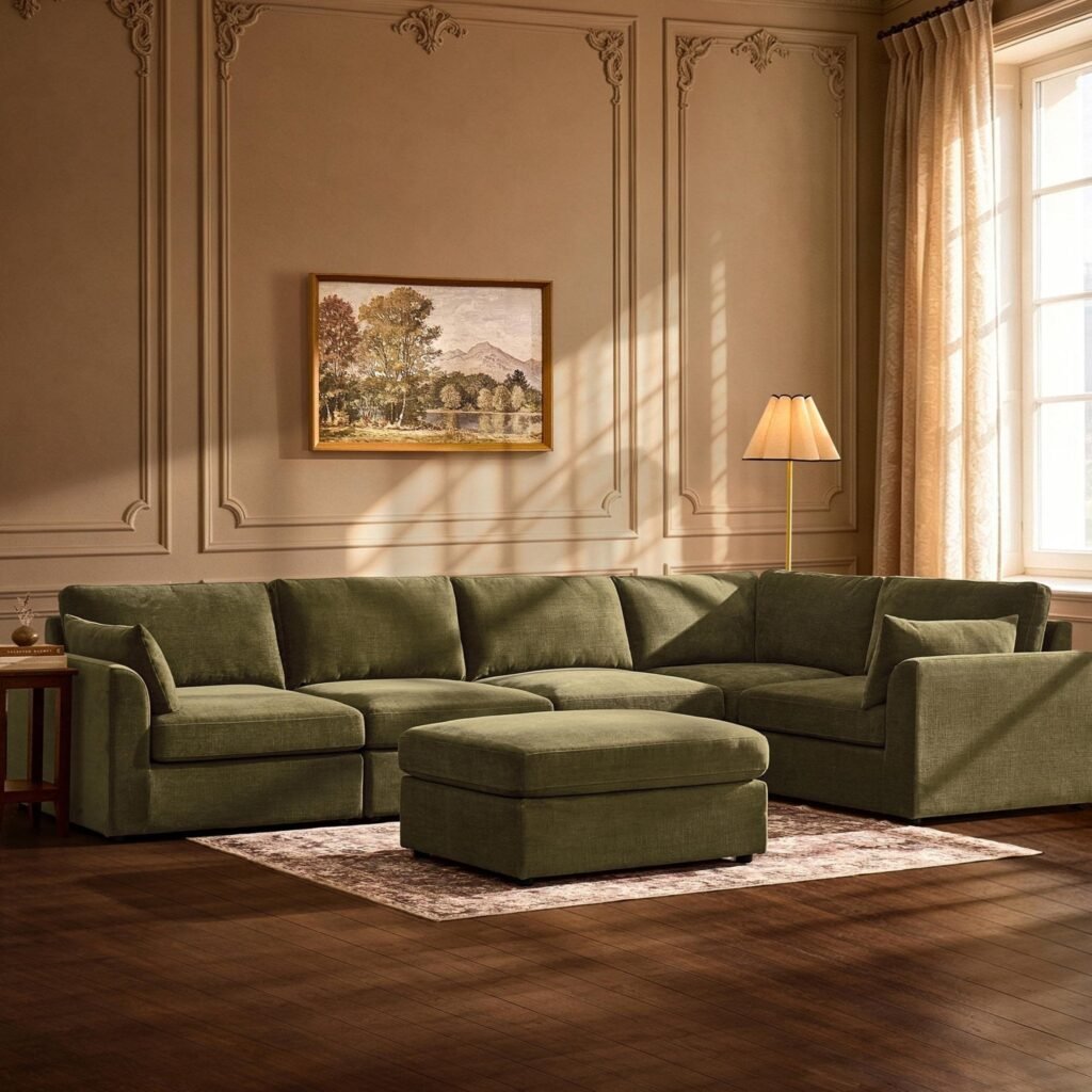 Miami Right Hand Large L-Shape Sofa - Chenille Olive - Green Lane