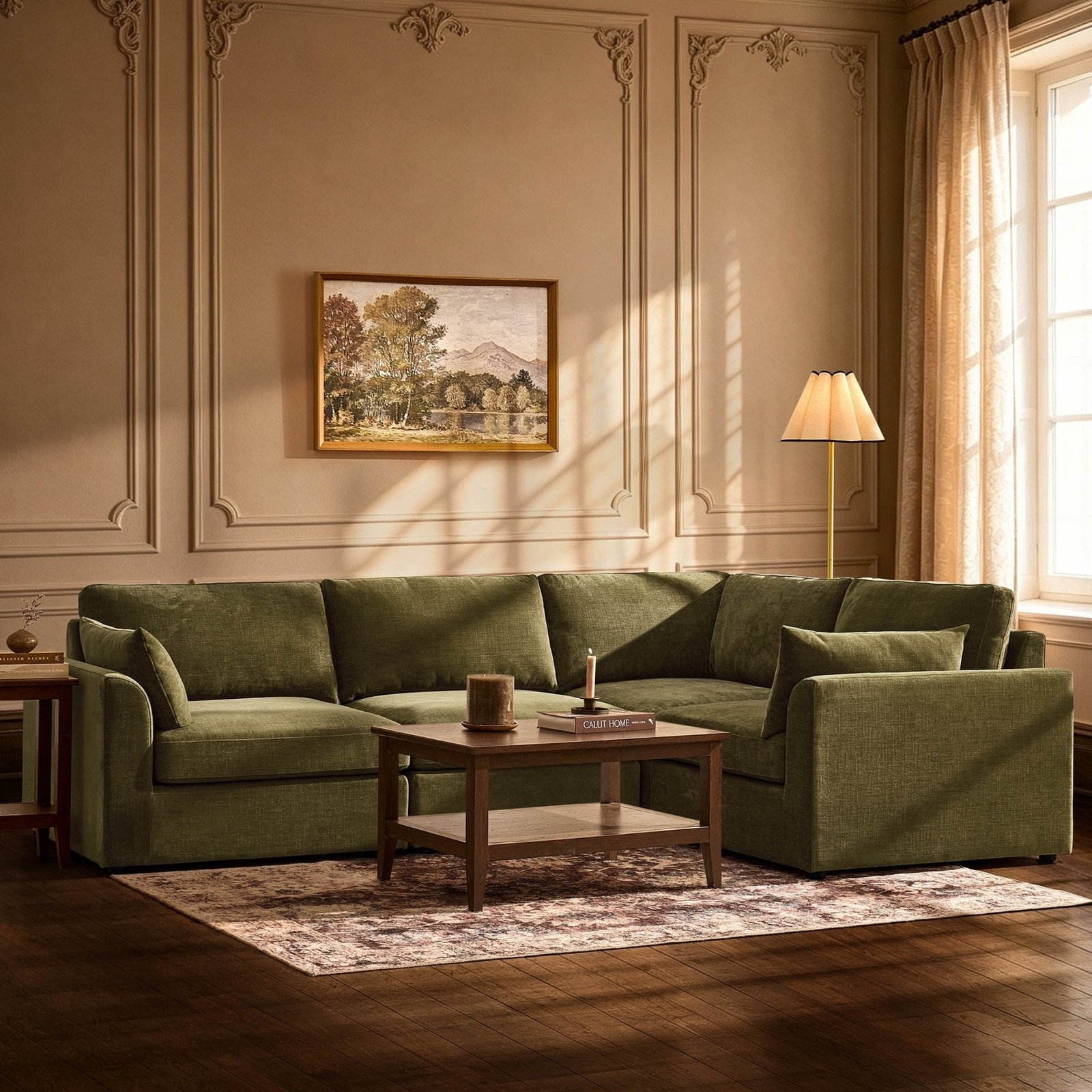 Miami Right Hand Small L-Shape Sofa - Chenille Olive - Green Lane
