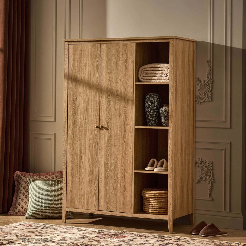 Nell 2 Door Wardrobe with Open Shelves - Light Wood - Green Lane