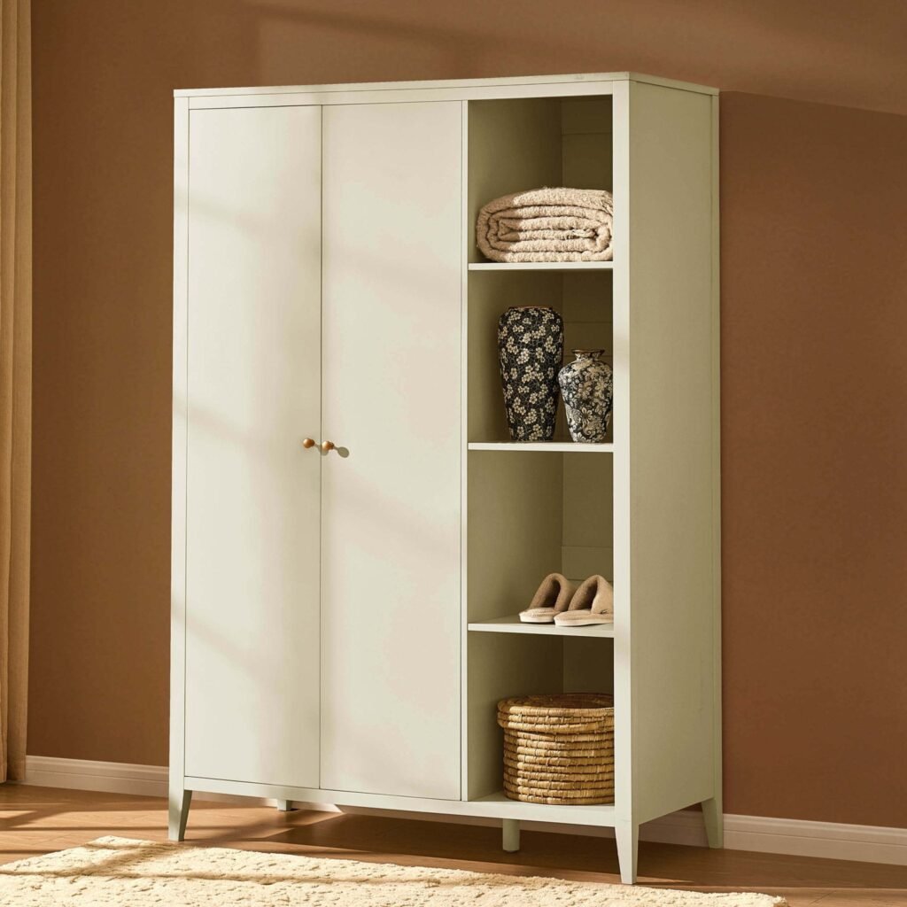 Poppy 2 Door Wardrobe with Open Shelves - Cream - Green Lane