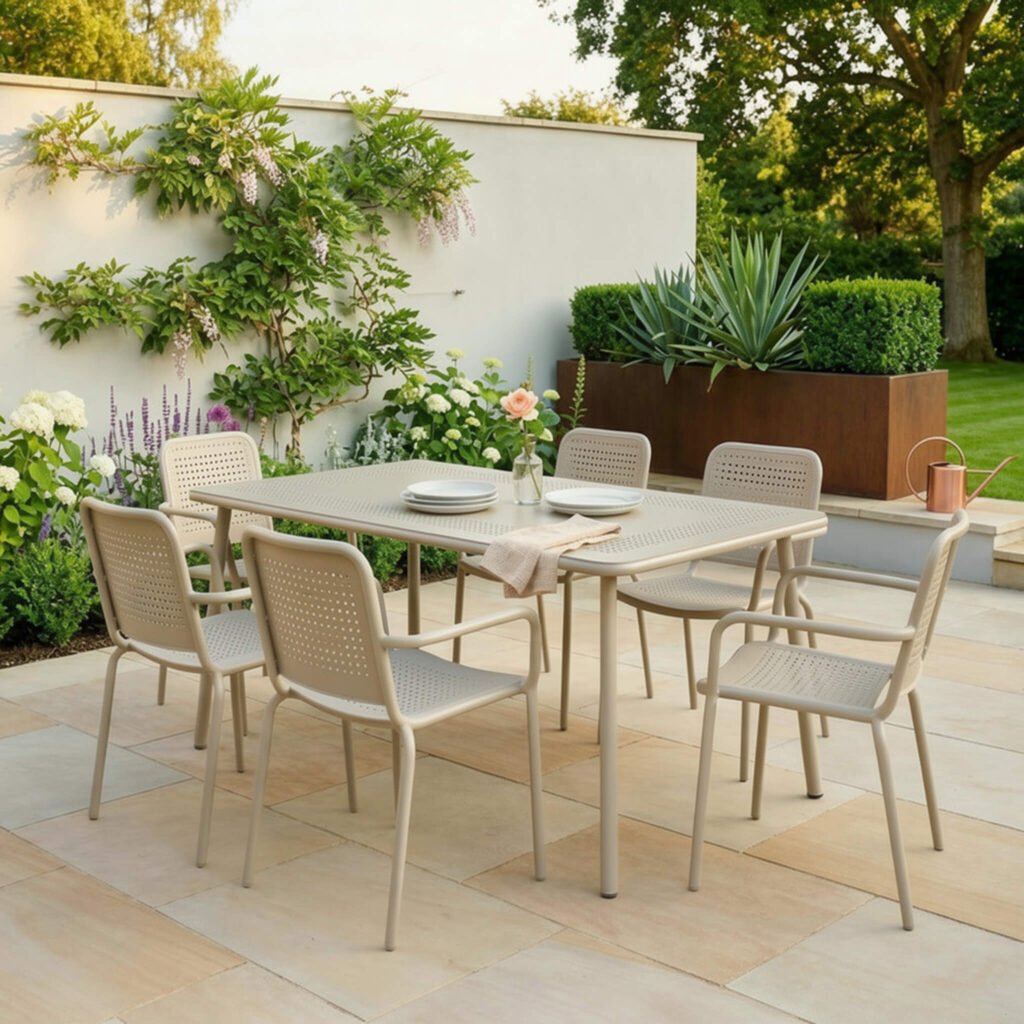 Porto Outdoor 6 Seater Rectangular Dining Table and Stacking Chairs - Champagne - Green Lane